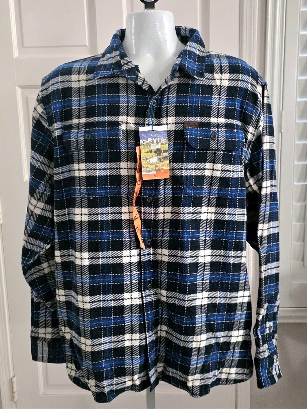 Orvis Shirt Heavyweight Flannel Shirt Mens 2X XXL Blue Plaid Pockets Lumberjack